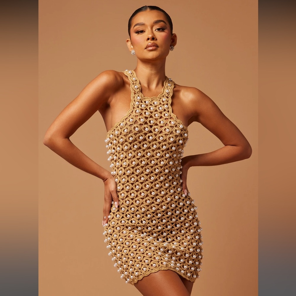 Fashion Nova Valdez Crochet Mini Dress Taupe